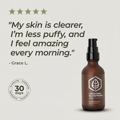 liposomal glutathione bottle with customer testimonial on a light gray background