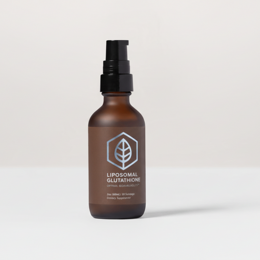 Brown bottle with black pump of Liposomal Glutathione on a light gray background
