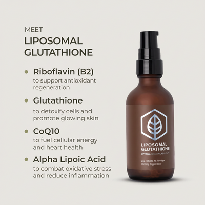 Brown bottle of liposomal glutathione with on a light gray background